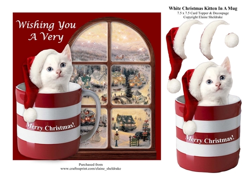 White Christmas Kitten Cat In A Mug & Decoupage