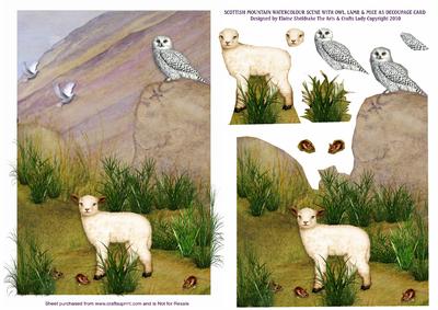 Scottish Mountain Watercolour Scen E - Owl & Lamb Decoupage
