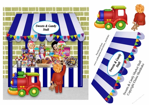 Sweets And Candy Market Stall With Boy, Train & Decoupage