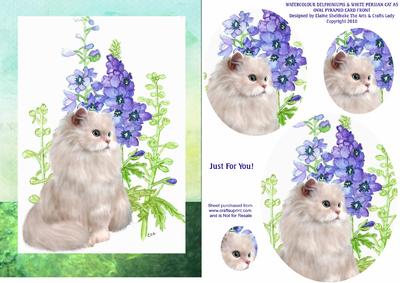 Watercolour Delphiniums with White Persian Cat A5 Card Front