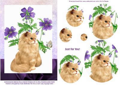 Watercolour Geraniums with Ginger Persian Cat A5 Card Front