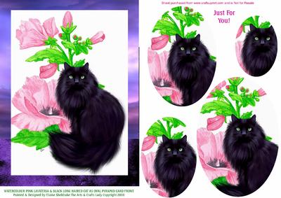Watercolour Lavateria & Black Long Haired Cat A5 Card Front
