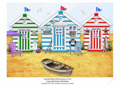 Three Lovely Beach Huts A4 Seaside Scene (1)