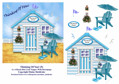 Thinking Of You Aqua Blue Beach Hut 6 x 6 Card Topper With Decoupage