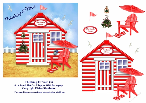 Thinking Of You Red & White Beach Hut (3) 6 x 6 Card Topper With Decoupage