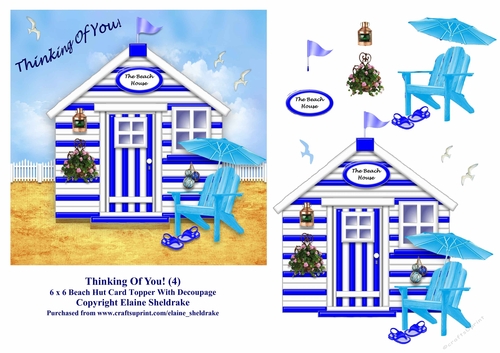 Thinking Of You Blue & White Beach Hut (4) 6 x 6 Card Topper With Decoupage