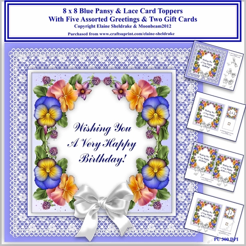 8 x 8 Blue Pansy & Lace Card Toppers
