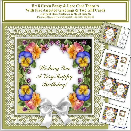 8 x 8 Green Pansy & Lace Card Toppers & Gift Cards