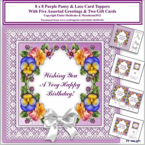 8 x 8 Purple Pansy & Lace Card Toppers & Gift Cards