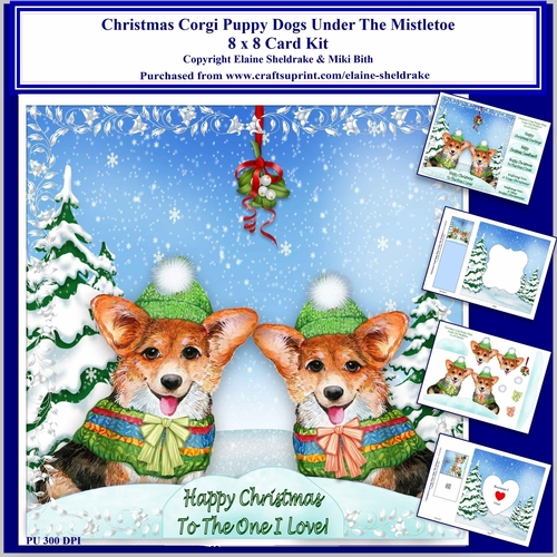 8 x 8 Christmas Corgi Puppy Dogs Under The Mistletoe Card Kit With Assorted Greetings