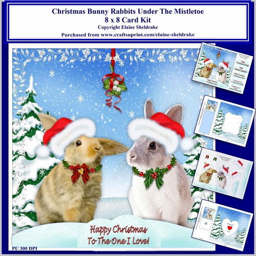 8 x 8 Christmas Bunny Rabbits Under The Mistletoe Card Kit With Assorted Greetings