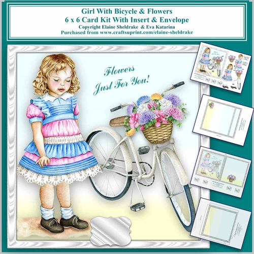 6 x 6 Girl With Bicycle & Flowers Card Kit With Insert & Envelope