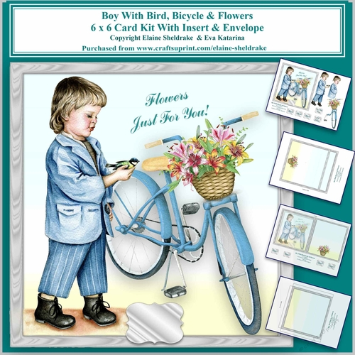 6 x 6 Boy With Bicycle, Bird & Flowers Card Kit With Insert & Envelope