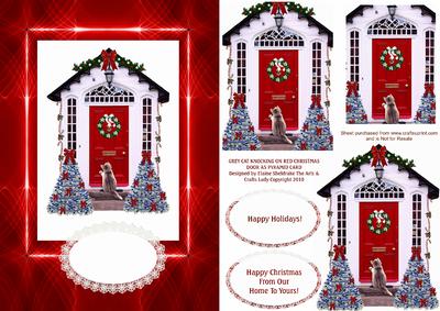 Grey Cat Knocking on Red Christmas Holiday Door Pyramid