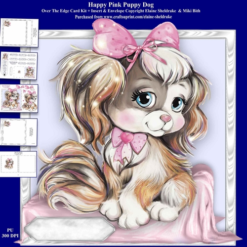 Happy Cute Pink Puppy Dog  8 x 8 Over The Edge Card Kit With Insert and Assorted Greetings