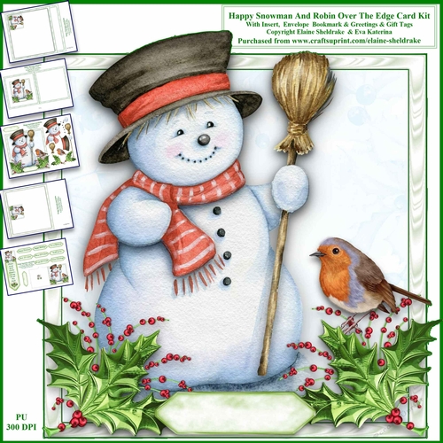 Happy Snowman & Robin 8 x 8 Over The Edge Card Kit With Insert and Assorted Greetings
