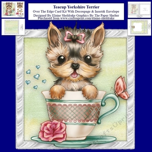 Teacup Yorkshire Terrier Over The Edge Card Kit With Decoupage Insert & Envelope