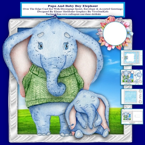 Papa And Baby Boy Elephant Over The Edge Card Kit With Decoupage Insert Envelope Tags