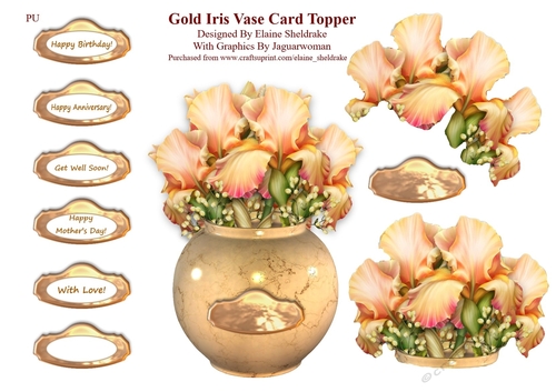 Gold Iris In A Vase Card Topper With Decoupage
