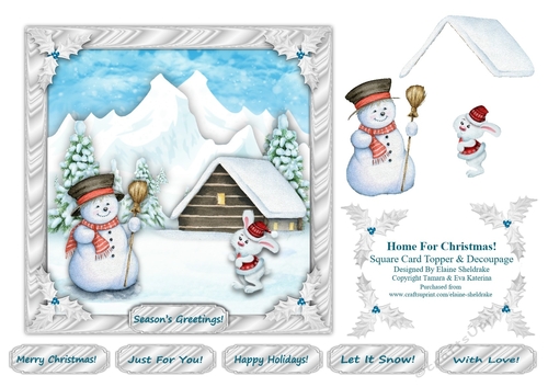 Home For Christmas - Square Card Topper With Decoupage & Assorted Greetings