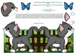 Dark Grey & White Kitten Chasing a Wobbly Butterfly Cut/fold