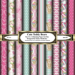 Cute Pink & Green Teddy Bears - Ten 12 x 12 Papers Set One