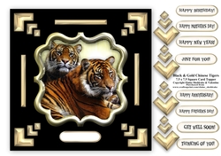 Black & Gold Chinese Tigers 7.5 x 7.5 Card Topper With Decoupage and Greetings Tags