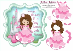 Brunette Birthday Princess With Castle - 7 x 7 Card Topper & Decoupage