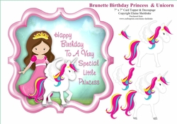 Brunette Birthday Princess And Unicorn - 7 x 7 Card Topper & Decoupage