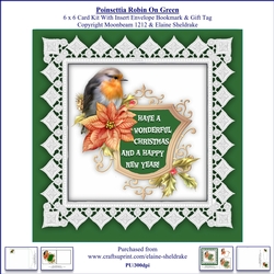 Poinsettia Christmas Robin On Green 6 x 6 Card Kit With Insert Envelope Bookmark & Gift Tag