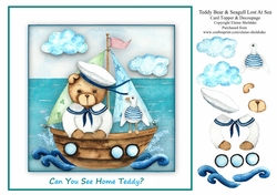 Teddy Bear And Seagull Lost At Sea - 8 x 8 Card Topper With Decoupage