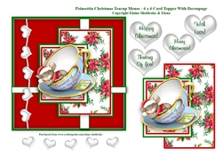 Poinsettia Christmas Mouse In A Teacup - 6 x 6 Card Topper With Decoupage