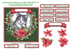Christmas Poinsettias Watercolour Grey & White Tabby Cat - 6 x 6 Card Topper With Decoupage & Tags