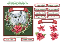 Christmas Poinsettias Watercolour Grey Cat - 6 x 6 Card Topper With Decoupage & Tags