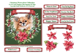 Christmas Poinsettias Watercolour Chihuahia Puppy Dog - 6 x 6 Card Topper With Decoupage & Tags