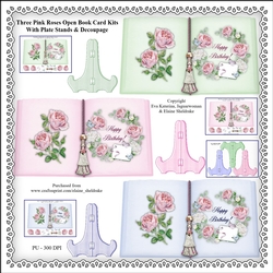 Three Pink Roses Open Book Card Kits With Plate Stands & Decoupage