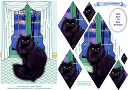 Black Cat at Sunset Window Diamond Pyramid Card Front