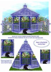 Black Cat in Flower Garden & Blue Gazebo Pyramid Card Front