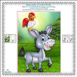 Donkey Daisy And Cockerel Wishes - Printable 5 x 7 Mini Card Kit With Decoupage, Insert & Tags