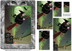 Halloween Full Moon Witch & Cat on Broomstick Pyramid Card