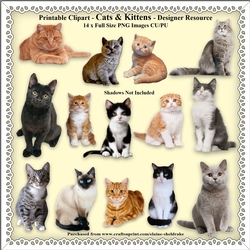 Printable Clipart - Cats & Kittens - Designer Resources - 14 x Images With Transparent Backgrounds - CU/PU