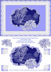 Blue & White Christmas Holiday Poinsettia Scene 3D Decoupage