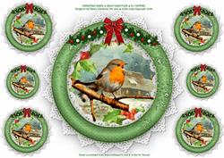 Christmas Robin & Holly Plate + 6 x Toppers