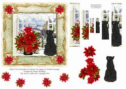 Black Cat & Poinsettias in Window Decoupage /double Pyramage
