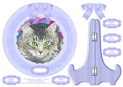 Tabby Cat Blue Plate Card & Stand & 5 x Sentiments