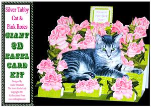 Silver Tabby Cat & Pink Roses - 3D A4 Giant Easel Card Kit