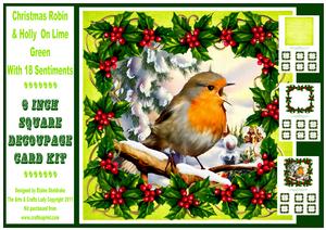 Christmas Robin & Holly on Lime 6" Square Decoupage Card Kit