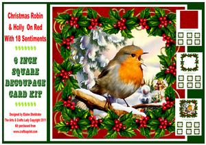 Christmas Robin & Holly on Red 6" Square Decoupage Card Kit