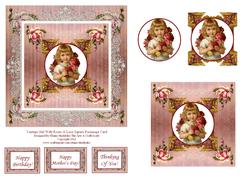 Vintage Girl and Flowers Roses and Lace Square Pyramage Card