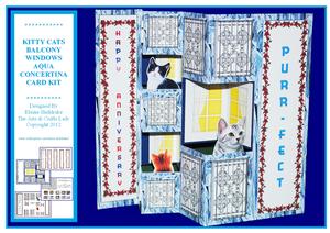 Kitty Cats on Balcony Windows Aqua Concertina Card Kit